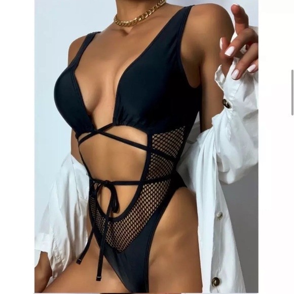Swimsuit Black Mesh Cut Out Lace Up One Piece Swimsuit - Picture 2 of 5